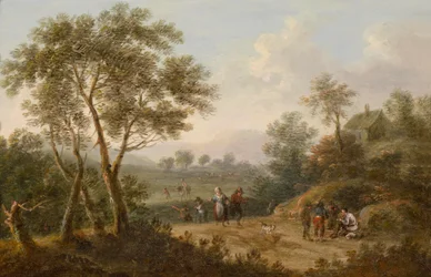 Paysage boisé avec voyageurs